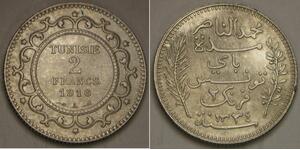 TUNISIA 2 Francs AH 1334 / 1916 A - Silver 0.835 - Muhammad V. - XF- - 2840  *
