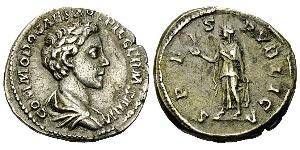Commodus AR Denarius, Spes reverse Commodus, as Caesar (166-176 AD). AR Denarius (18 mm, 3.35 g), Roma (Rome), 175-176 AD. Obv. COMMODO CAES AVG FIL GERM SARM, bare-headed, draped, and cuirassed  ...