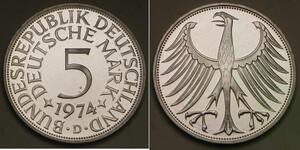 GERMANY (BRD / West) 5 Mark 1974 D Proof - Silver 0.625 - 227 *
