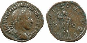 Gordien III, sesterce, Rome, 240 A/IMP GORDIANVS PIVS FEL AVG. Buste lauré à droite, drapé et cuirassé, vu de trois quarts en arrière. R/IOVI STATORI/ S/ C. Jupiter nu, debout de face, regardant  ...