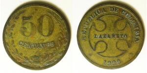 COLOMBIA 50 Centavos 1928 RH - Brass - VF- - 3450