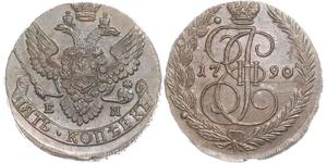 Russland, Katharina II.Cu 5 Kopeken 1790 EM, Ekaterinburg. Bitkin 644. Vorzüglich +