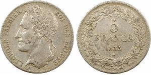Belgique, Léopold Ier, 5 francs, 1835 Bruxelles A/LEOPOLD PREMIER - ROI DES BELGES. Tête laurée à gauche de Léopold Ier, signature BRAEMT B.. . Couronne de chêne, au centre : 5/ FRANCS/ (date). T ...