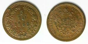 AUSTRIA 5/10 Kreuzer 1865 A - Copper - Franz Joseph I. - XF/aUNC - 4252
