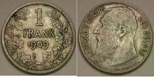 BELGIUM 1 Franc 1909 - Silver 0.835 - Flemish Text - Leopold II. - XF - 300 *