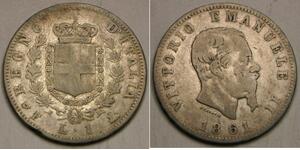 ITALY 1 Lira 1861 F - Silver 0.9 - Vittorio Emanuele II - VF - 1773 *