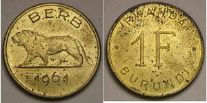 RWANDA BURUNDI 1 Franc 1961 - Brass - Lion - aUNC - 1808 *