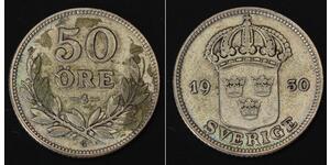 SWEDEN 50 Ore 1930 G - Silver 0.600 - Gustaf V. - F/VF - 2643