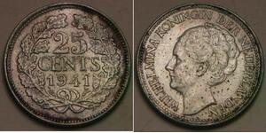 NETHERLANDS 25 Cents 1941 - Silver 0.64 - Wilhelmina I. - XF - 113 *