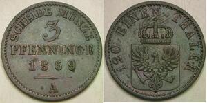 PRUSSIA (German Kingdom) 3 Pfennig 1869 A - Copper - Wilhelm I. - VF/XF - 2656 *