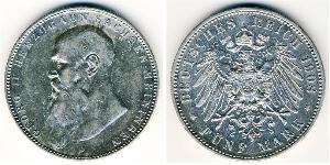 Саксен-Мейнинген
5 марок (1908 г.)
Серебро
D. Георг II. Длинная борода. Номер по Краузе КМ#201, 900-я проба, 27,777 г.
