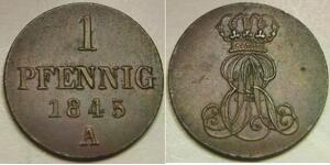 HANNOVER (German Kingdom) 1 Pfennig 1845 A - Copper - Ernst August - XF - 871 *