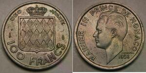 MONACO 100 Francs 1956 - Copper-Nickel - Rainier III. - XF+ - 3683 *