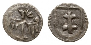 Poland - Hedwig von Anjou and Ladislaus Jagiello 1386-1399; denar wschowski; Aw: Orzeł heraldyczny z głową lewo; Rw: Tarcza jagiellońska, nad nią litera V; Gum.H. 410, Gum.P. 511, Karolkiewicz 20 ...