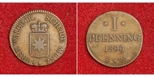  
  1809, Principality of Waldeck-Pyrmont. Beautiful Copper Pfennig Coin. XF+   Condition: XF+  Mint Year: 1809  Reference: KM-24a.  Denomination: Pfennig  Material: Copper  Diameter: 19mm   Weig ...