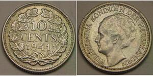 NETHERLANDS 10 Cents 1941 - Silver 0.64 - Wilhelmina I. - XF - 95 *
