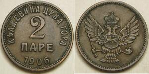 MONTENEGRO 2 Pare 1906 - Bronze - Nikola I. Petrovic - XF - 2042 *