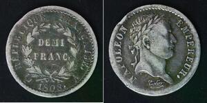 FRANCE 1/2 Franc 1808 A - Silver 0.900 - Napoleon - VF- - 3894