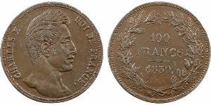 Charles X, essai hybride de 100 francs or par Caunois ?, 1830 Paris A/CHARLES X - ROI DE FRANCE. Tête nue à droite de Charles X. . Couronne formée de deux branches, au centre : 100/ FRANCS/ (date ...