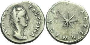 FAUSTINE Mère. (Épouse d’Antonin, +141). Denier, frappé après 141 à Rome.Buste voilé à droite. R/. Etoile. (Cohen   63 – RIC   355). Argent. 3,35g. (0h). TB à Très Beau. Rare.