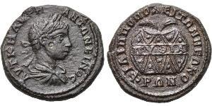 THRACE. Philippopolis. Elagabal (218-222). Ae. Obv: AVT K M AVPH ANTΩNEINOC. Laureate, draped and cuirassed bust right. Rev: ΦIΛIΠΠOΠOΛEITΩN NEΩKOPΩN. Prize urn inscribed ΠYΘIA, containing palm b ...