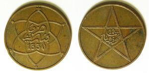 MOROCCO 10 Mazunas AH 1330 Pa - Bronze - Yusuf - VF/XF - 1482