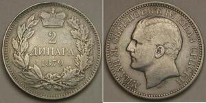 SERBIA 2 Dinara 1879 - Silver 0.835 - Milan I. - VF - 1857 *
