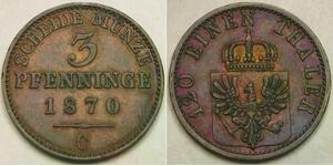 PRUSSIA (German Kingdom) 3 Pfennig 1870 C- Copper - Wilhelm I. - XF+ - 2636 *