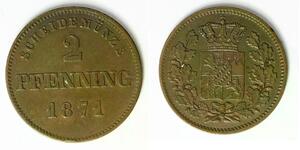 BAVARIA (German State) 2 Pfennig 1871 - Copper - Ludwig II. - XF - 755