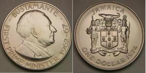 JAMAICA 1 Dollar 1974 FM Matte - Copper-Nickel - Bustamante - aUNC - 18 *