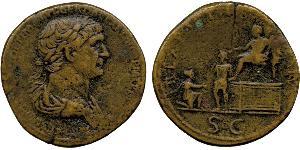 Ancient Coins. Roman Empire , Trajan (AD 98-117), sestertius, Rome, AD 116, laur. and dr. bust r., rev. REX PARTHIS DATVS , investiture scene, wt. 26.11gms. (Vagi 1245; S.3191), peripheral weakne ...