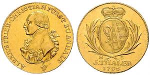 Anhalt-Bernburg. Alexius Friedrich Christian 1796-1834. 5 Taler 1796, Harzgerode. Jaeger 47, Mann 718, Friedberg 24. GOLD. Winzige Randfehler, vorzüglich +