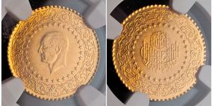  
  
 1962, Turkey (Republic). Gold 25 Kurush Coin. (1.75gm!) Top Pop 1/0! NGC MS-66! 
  
 Mint Year: 1962  Reference: KM-870.    Mintage: 31,000 pcs.    Denomination: Gold 25 Kurush  Condition:  ...