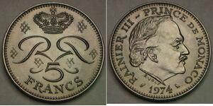 MONACO 5 Francs 1974 - Copper-Nickel - Rainier III. - UNC - 3529 *