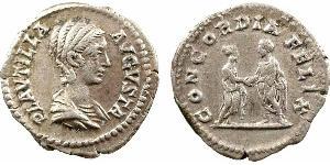 Plautille, denier, Rome, 202-205 A/PLAVTILLA AVGVSTA. Buste drapé à droite, les cheveux tressés en arrière. R/CONCORDIA FELIX. Caracalla et Plautille debout face à face, se donnant la main. TTB,  ...
