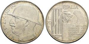 1928,ITALIEN. Königreich. Vittorio Emanuele III. 1900-1946. 20 Lire 1928 AN VI, Roma. Pagani 680. Montenegro 76. Vorzüglich-FDC / Extremely fine-uncirculated. (~€ 175/USD 200)