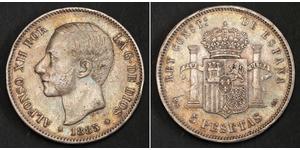  
  1885, Kingdom of Spain, Alfonso XII. Large Silver 5 Pesetas Coin. Struck 1887!   Reference: KM-688.  Denomination: 5 Pesetas  Mint Place: Madrid (MS-M)   Condition: Bag-marks and adge-hits, n ...