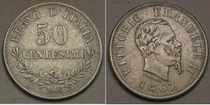 ITALY 50 Centesimi 1867 M - Silver 0.835 - Vittorio Emanuele II - VF+ - 1767 *