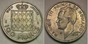 MONACO 100 Francs 1956 - Copper-Nickel - Rainier III. - XF+ - 3548*