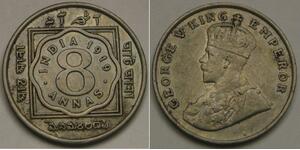 INDIA (British) 8 Annas 1919 - Copper - George V. - VF/XF - 1744 *
