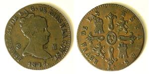 SPAIN 8 Maravedis 1847 - Copper - Isabel II. - VF - 1836