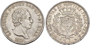 ITALIA Savoia / Sardegna Carlo Felice, 1821-1831. 5 Lire 1826, Torino. 25.04 g. Nomisma 565. Pag. 71. Mont. 61. Colpo al bordo e modesta mancanza di metallo nel campo del D/. Spl+/Fdc.