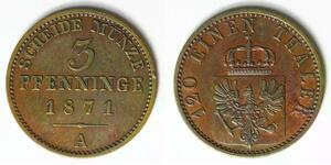 PRUSSIA (German State) 3 Pfennig 1871 A - Copper - Wilhelm I. - XF - 3387