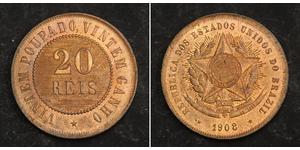  
  1908, Brazil (Republic). Beautiful Copper 20  Reis Coin. Lustre XF-AU!  Mint Years: 1908 Denominations: 20 Reis  Condition: Minor contact-marks, otherwise a nice lustre XF-AU!   Material: Cop ...