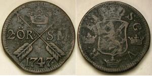 SWEDEN 2 Ore 1747 - Copper - Frederick I. - VF - 2857 *