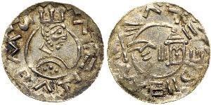  Bohemia. Denar, ND. Cach-354. Weight 0.56 grams. Prague mint. Wratislaus II, 1061-1092. Obverse: Crowned bust right. Legend: WRATIZLVS Reverse: Hand through church, standard left. Legend: WENCEZ ...