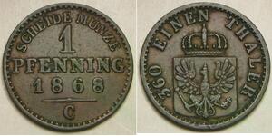PRUSSIA (German Kingdom) 1 Pfennig 1868 C - Copper - Wilhelm I. - XF- - 2555 *