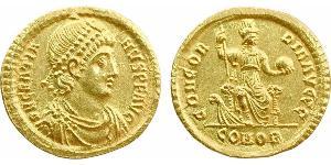 Gratien, solidus, Constantinople, 378-383 A/D N GRATIA-NVS P F AVG. Buste diadémé à droite, drapé et cuirassé, vu de trois quarts en avant. R/CONCOR-DIA AVGGG/ CONOB. Constantinople assise de fac ...
