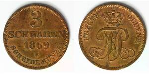 OLDENBURG 3 Schwaren 1869 B - Copper - Nicolaus Friedrich Peter - VF/XF - 1094