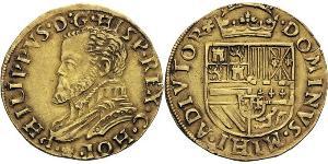 PHILIPPE II d’Espagne (1555-1581). 1/2 real d’or, Dordrecht (1560-1562). A/. Buste barbu et cuirassé à gauche. R/. Armoiries couronnées. Références : Delmonte  520 - Van Gelder et Hoc  207-11 - F ...